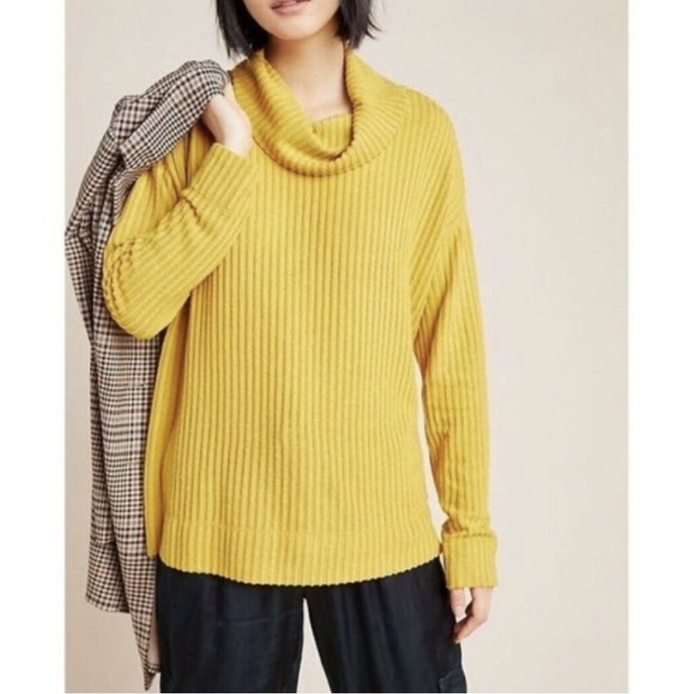 Maeve Women XL Gold Cowl Neck Top Boxy Ribbed Casual Boho Lagenlook Mustard Long